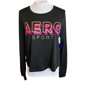 Aeropostale Sport Black Long Sleeve Retro Graphic Performance Workout Tee L, NWT